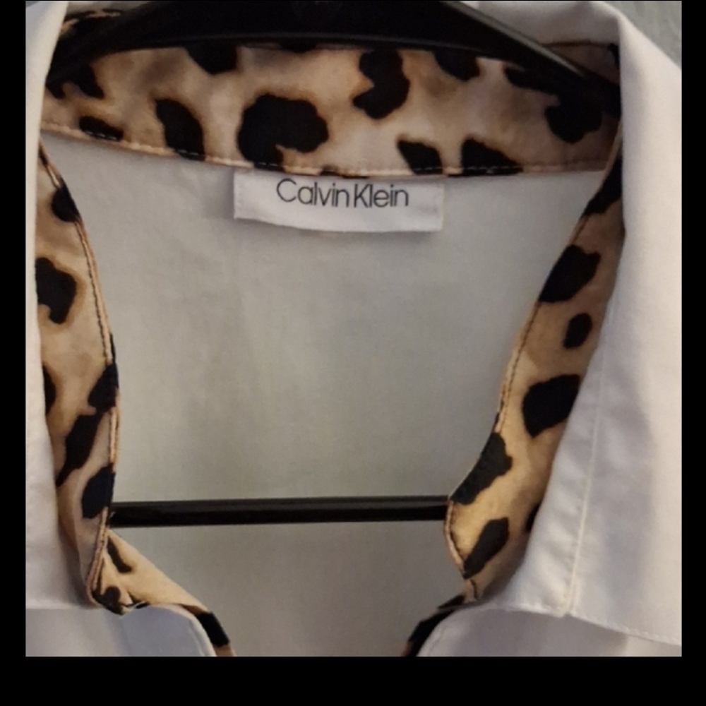 Calvin Klein White Button-Down Shirt with Leopard Trim